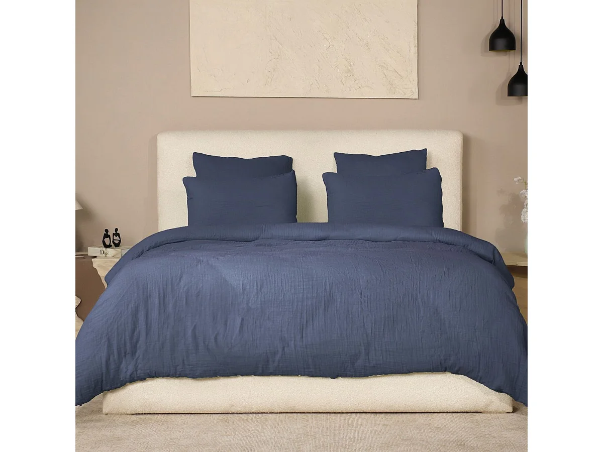 Parure housse de couette 260x240cm + 2 taies 100% gaze de coton lavée bleu pétrole - VALMA