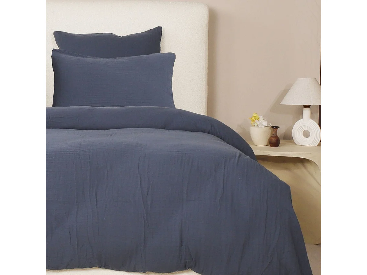 Parure housse de couette 260x240cm + 2 taies 100% gaze de coton lavée bleu pétrole - VALMA