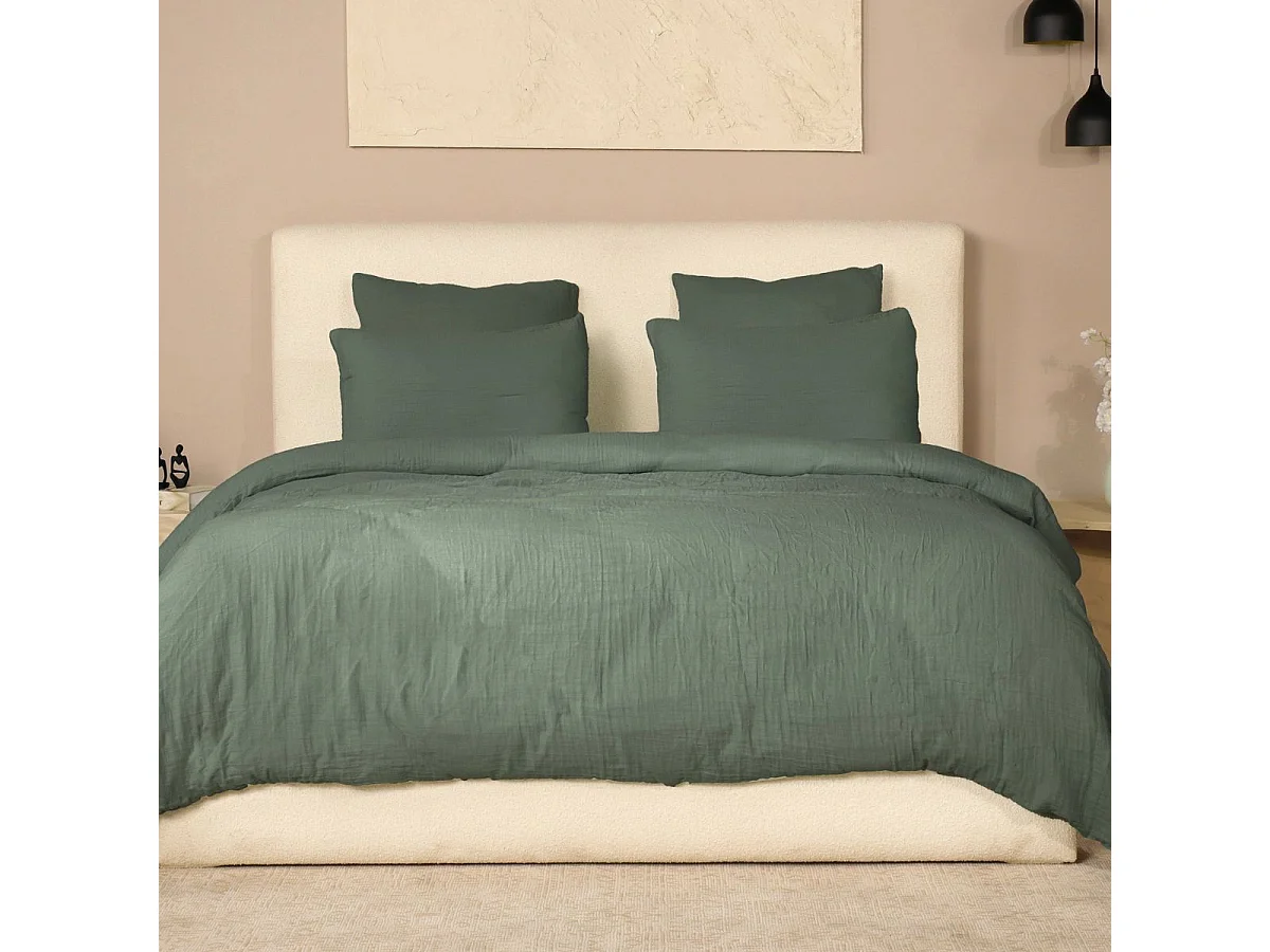 Parure housse de couette 260x240cm + 2 taies 100% gaze de coton lavée vert cèdre - VALMA