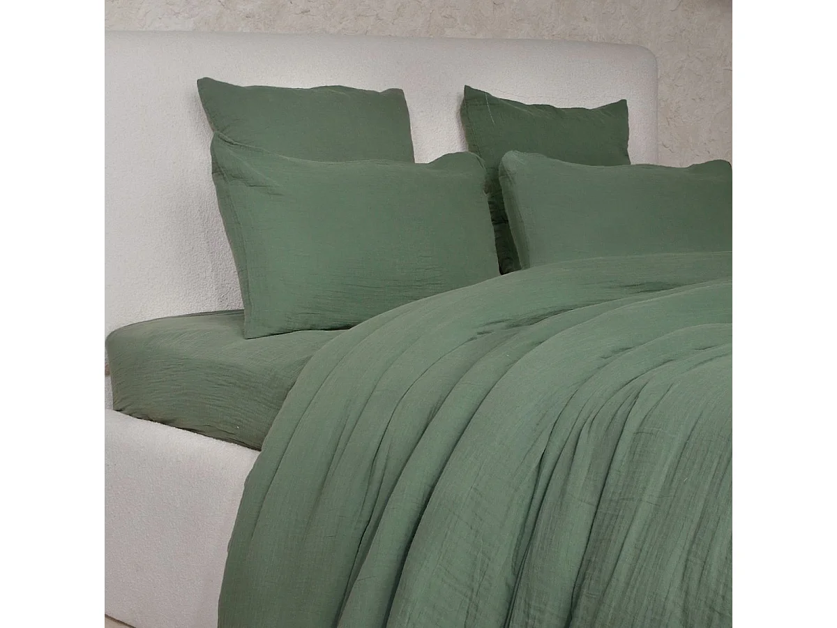 Parure housse de couette 260x240cm + 2 taies 100% gaze de coton lavée vert cèdre - VALMA