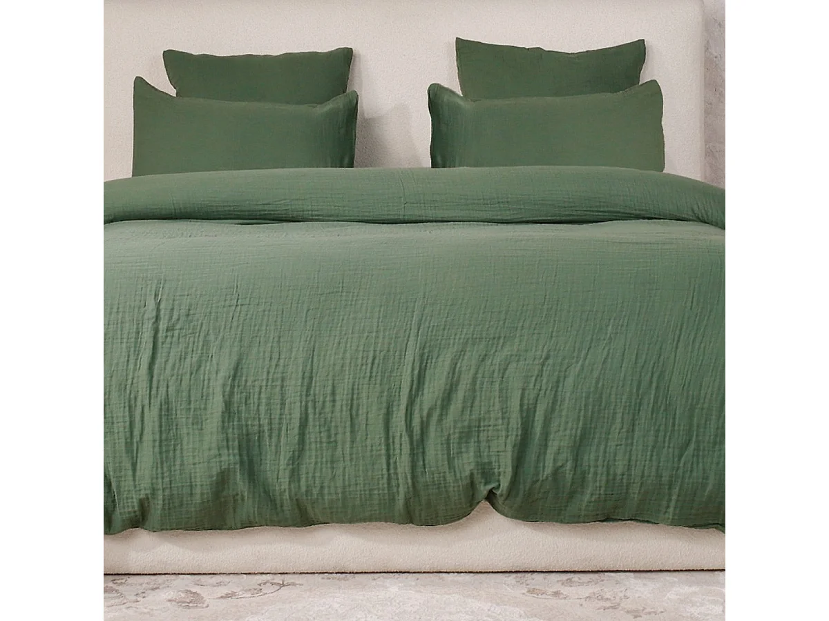 Parure housse de couette 260x240cm + 2 taies 100% gaze de coton lavée vert cèdre - VALMA