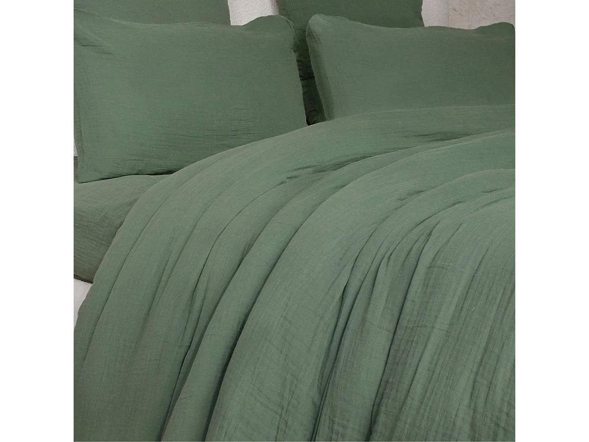 Parure housse de couette 260x240cm + 2 taies 100% gaze de coton lavée vert cèdre - VALMA