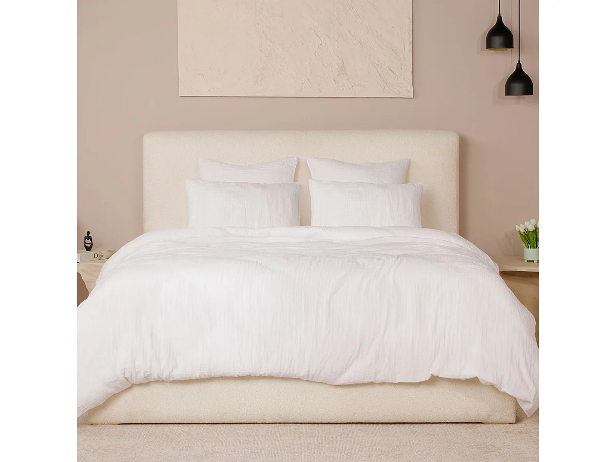 Parure housse de couette 260x240cm + 2 taies 100% gaze de coton lavée blanc pur - VALMA