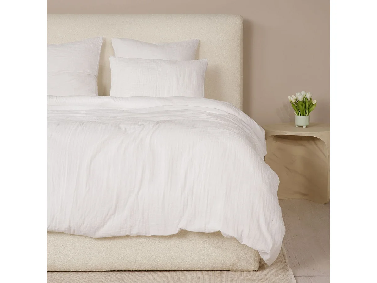 Parure housse de couette 240x220cm + 2 taies 100% gaze de coton lavée blanc pur - VALMA