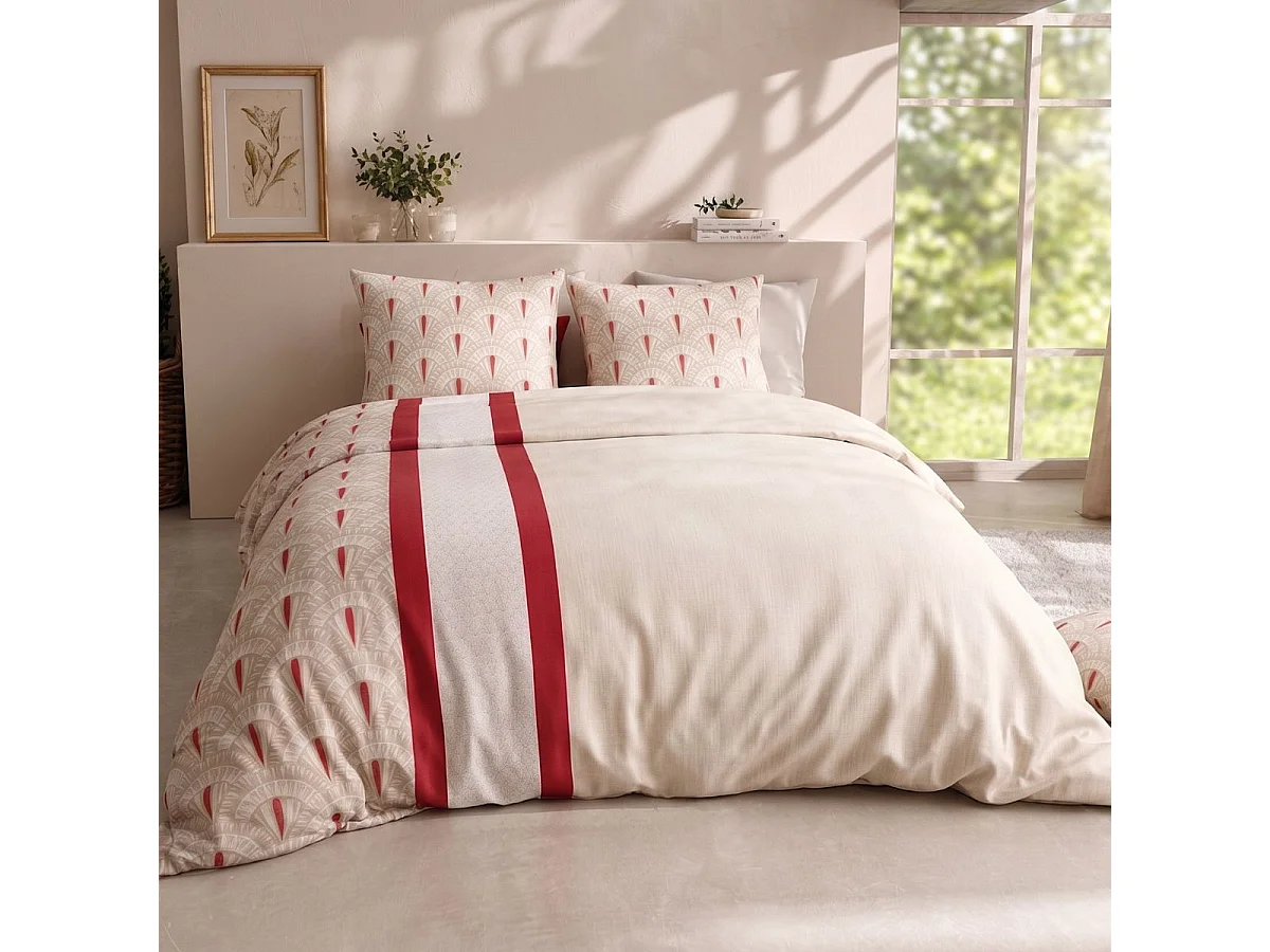 Parure housse de couette 260x240cm + 2 taies motif art-déco rouge et beige 100% coton - LINOA