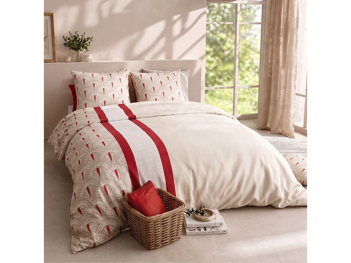 Parure housse de couette 240x220cm + 2 taies motif art-déco rouge et beige 100% coton - LINOA