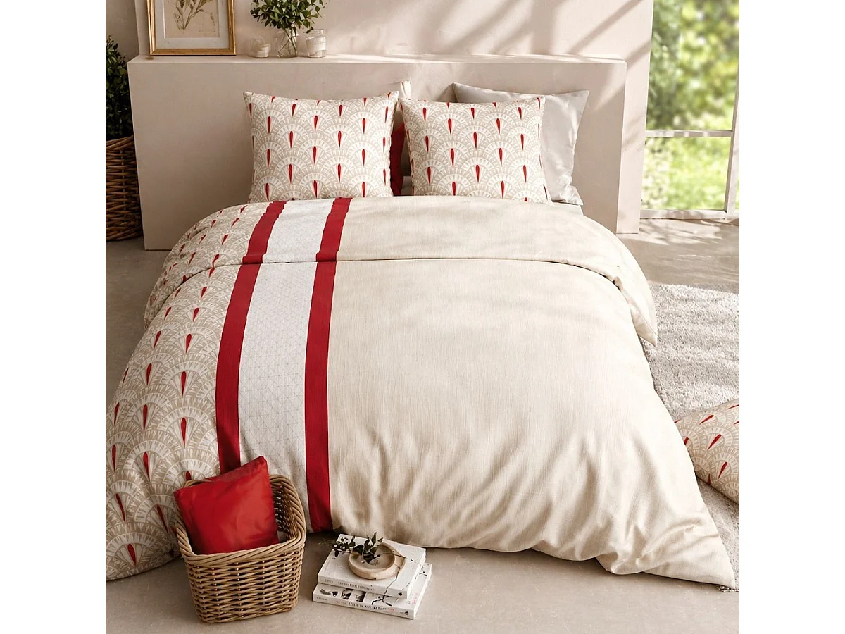 Parure housse de couette 240x220cm + 2 taies motif art-déco rouge et beige 100% coton - LINOA