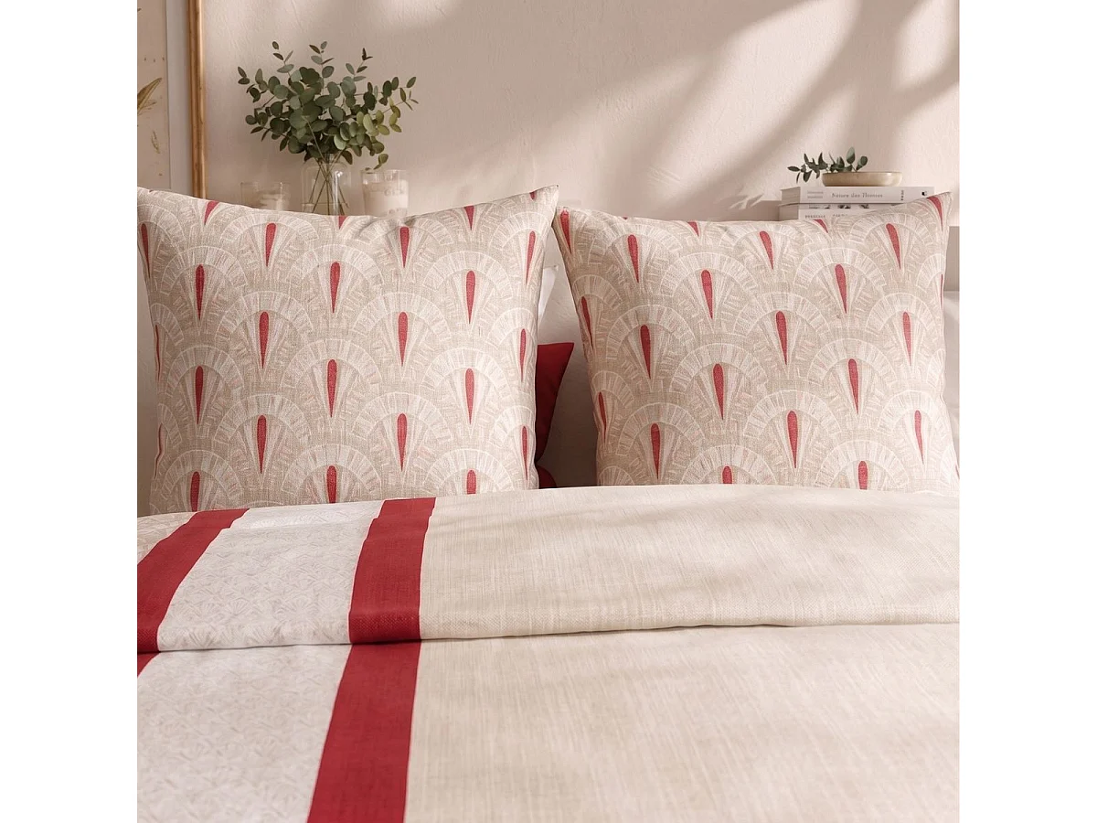 Parure housse de couette 240x220cm + 2 taies motif art-déco rouge et beige 100% coton - LINOA