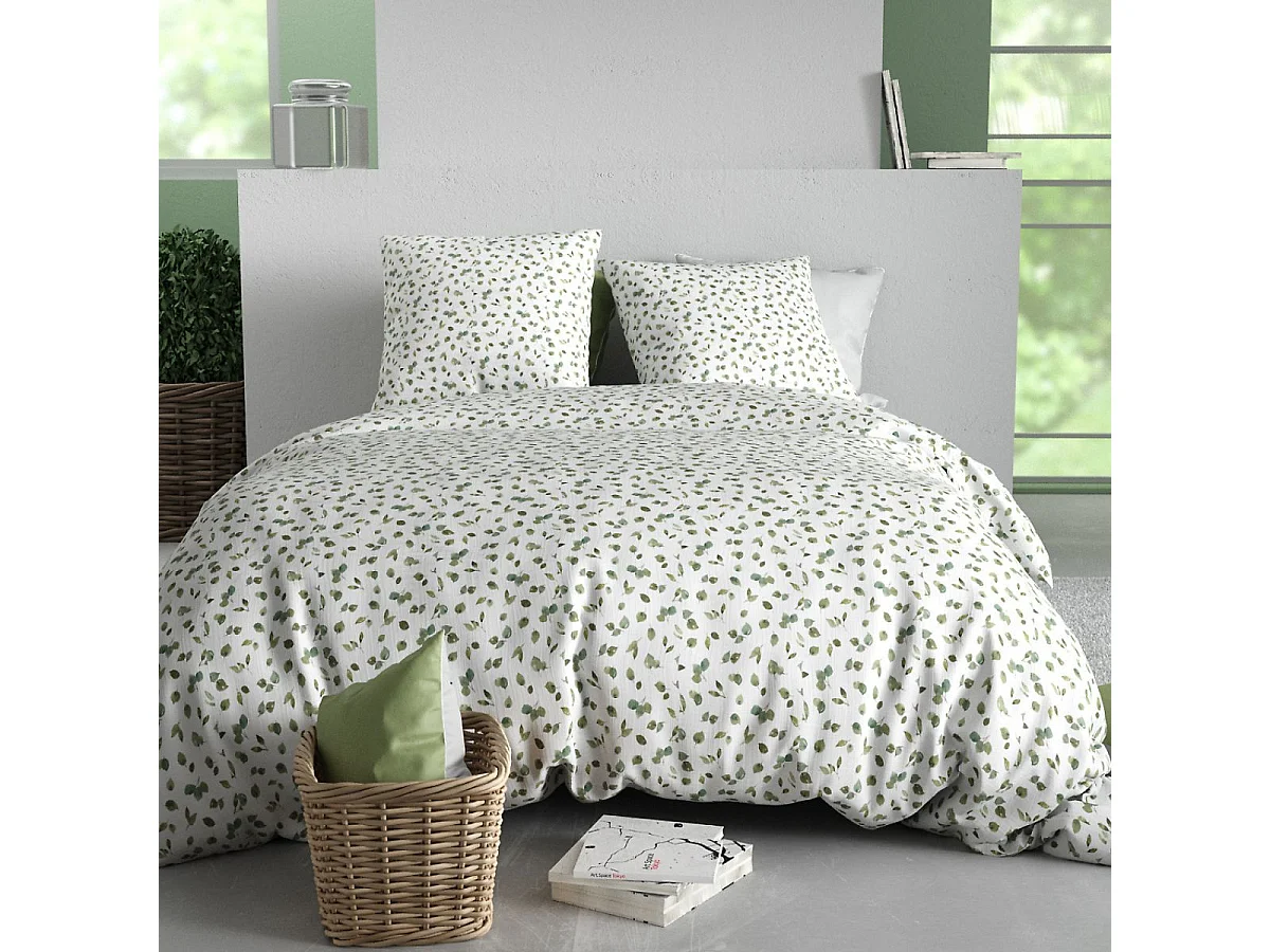 Parure housse de couette 260x240cm + 2 taies motif petites feuilles blanc et vert 100% coton - LAZARE