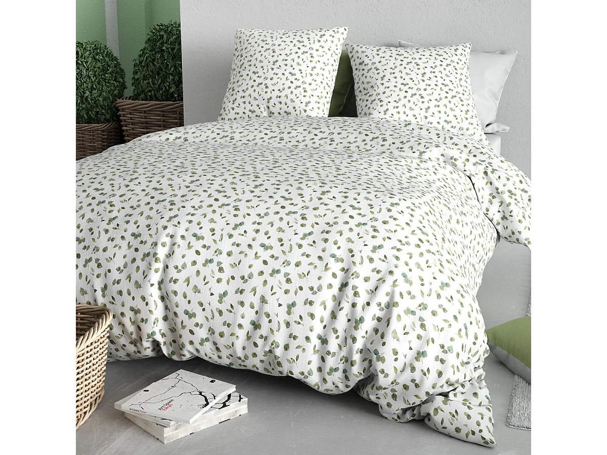 Parure housse de couette 260x240cm + 2 taies motif petites feuilles blanc et vert 100% coton - LAZARE