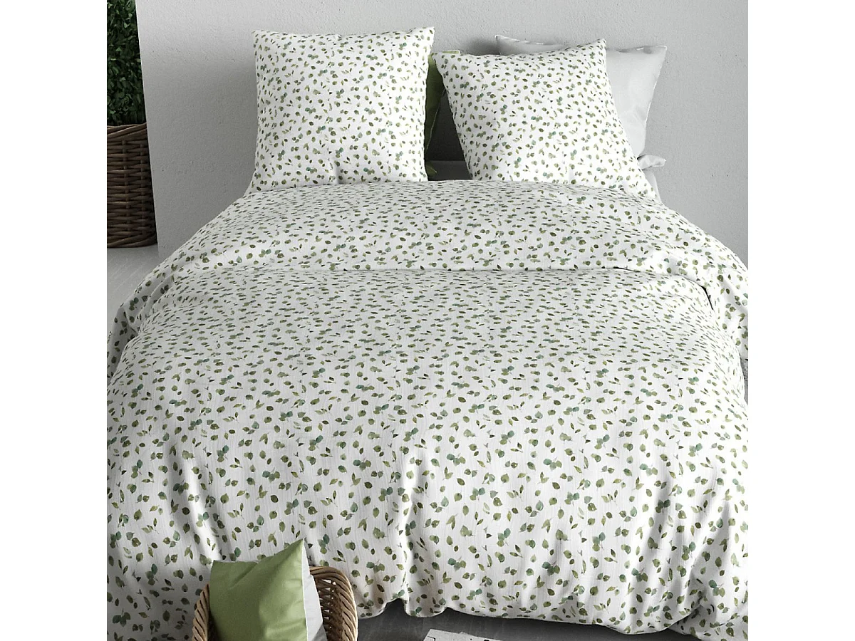 Parure housse de couette 260x240cm + 2 taies motif petites feuilles blanc et vert 100% coton - LAZARE