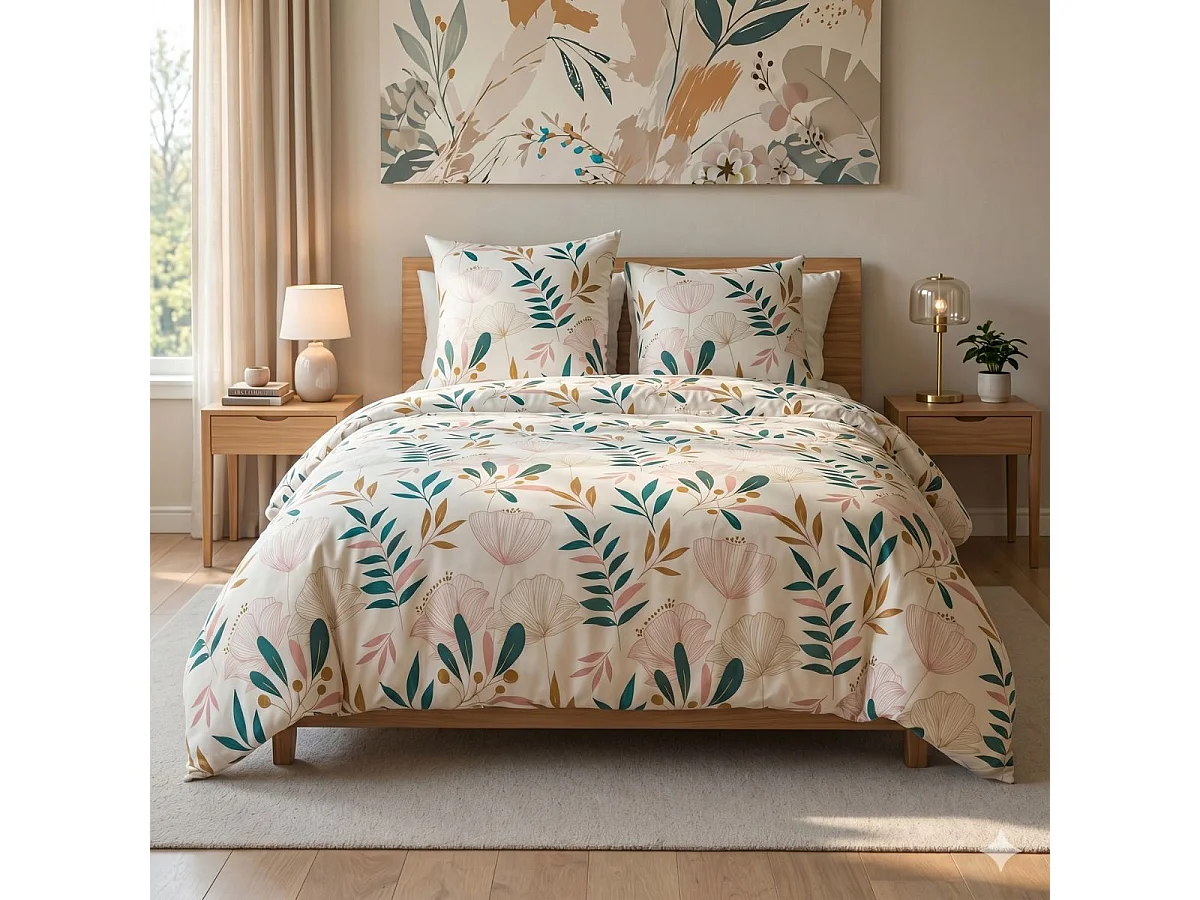 Parure housse de couette 240x220cm + 2 taies écru motif botanique 100% microfibre - LICELIA