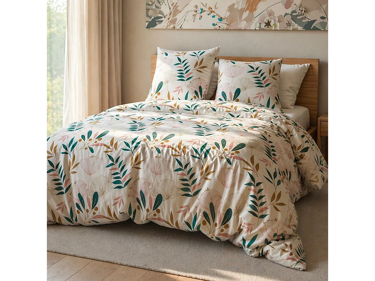 Parure housse de couette 240x220cm + 2 taies écru motif botanique 100% microfibre - LICELIA