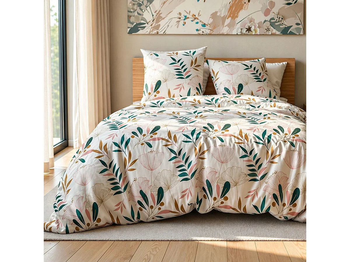 Parure housse de couette 240x220cm + 2 taies écru motif botanique 100% microfibre - LICELIA