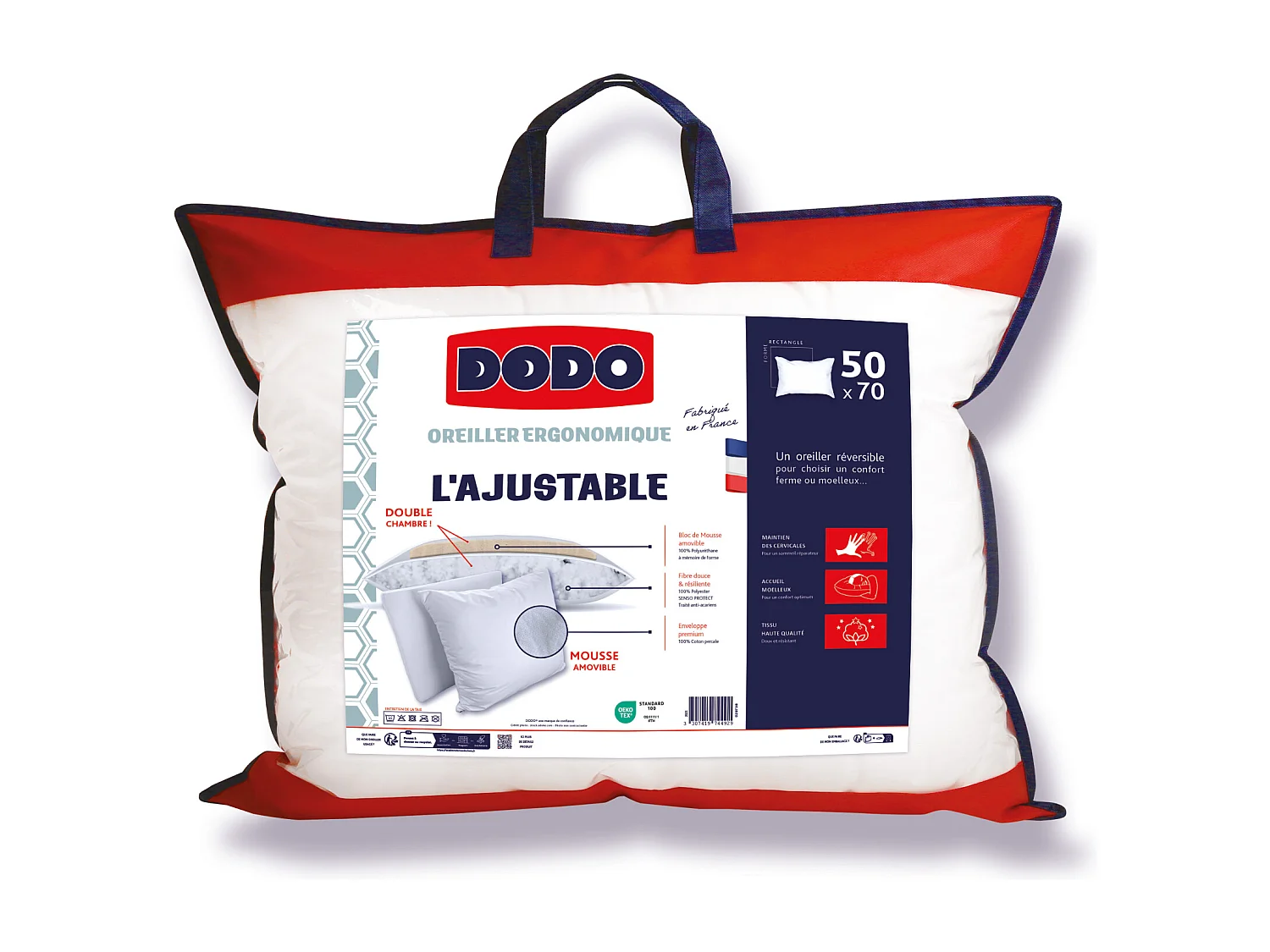 Oreiller DODO ergonomique anti-acariens à mémoire de forme - 50x70cm - CŒUR ADAPT