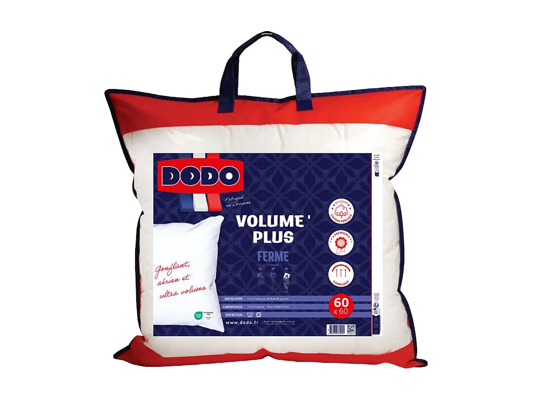 Oreiller DODO ferme - 750g/m² - Enveloppe 100% Coton percale - 60x60cm - PURE CONFORT