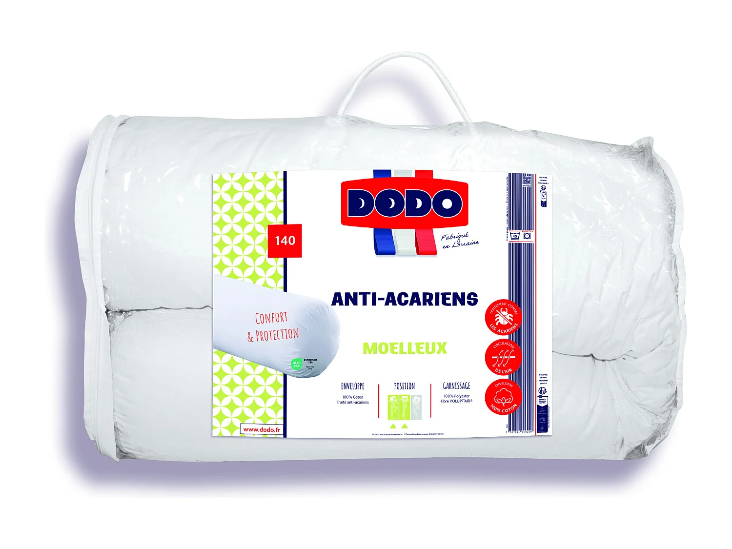 Traversin moelleux DODO anti-acariens - 1150g/m² - 100% Coton - 140cm - ACTIPLUS