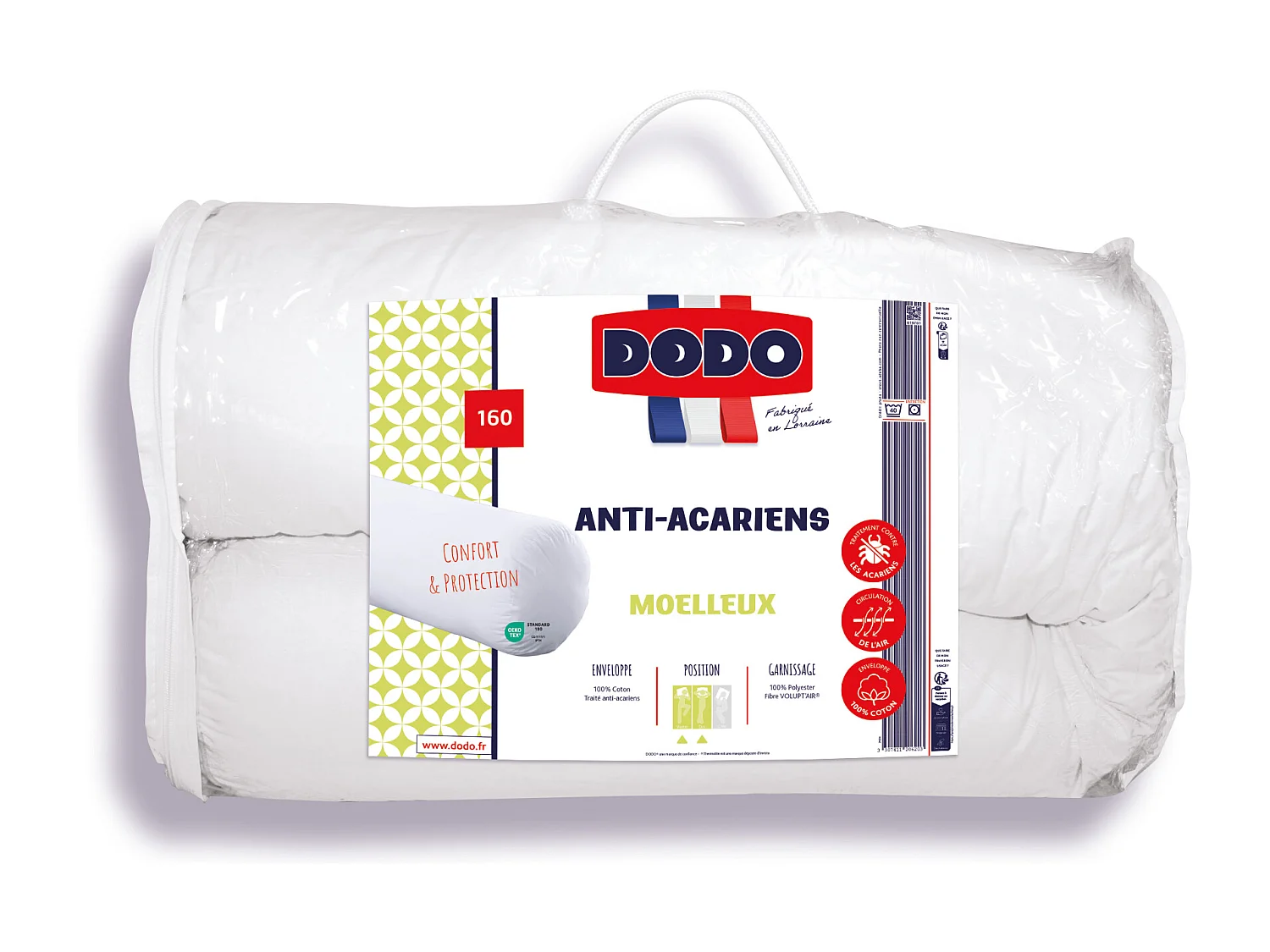 Traversin moelleux DODO anti-acariens - 1350g/m² - 100% Coton - 160cm - ACTIPLUS