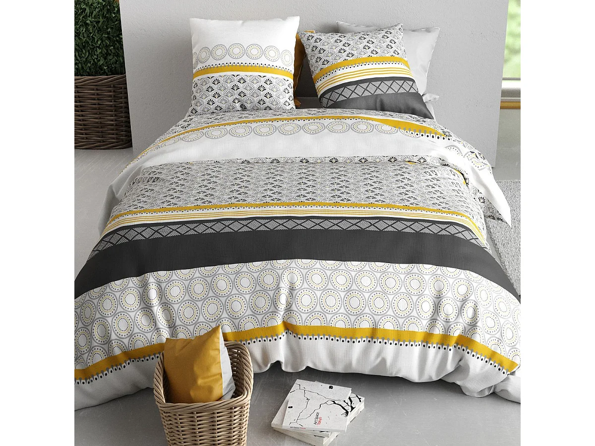 Parure housse de couette 240x220cm + 2 taies motif blanc gris et jaune 100% coton - IPSAR