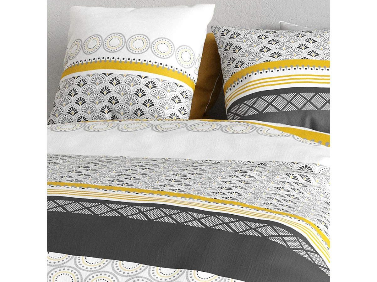 Parure housse de couette 240x220cm + 2 taies motif blanc gris et jaune 100% coton - IPSAR