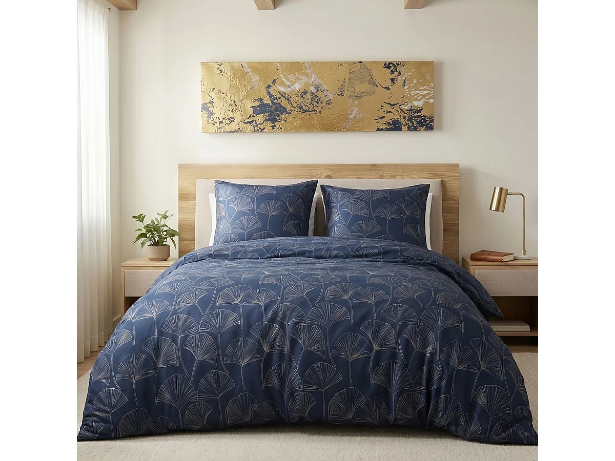 Parure housse de couette 240x220cm + 2 taies motif feuillage ginko bleu et beige 100% microfibre - VALFOR