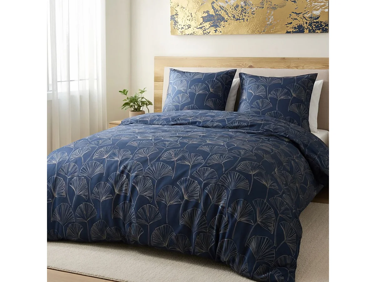 Parure housse de couette 240x220cm + 2 taies motif feuillage ginko bleu et beige 100% microfibre - VALFOR
