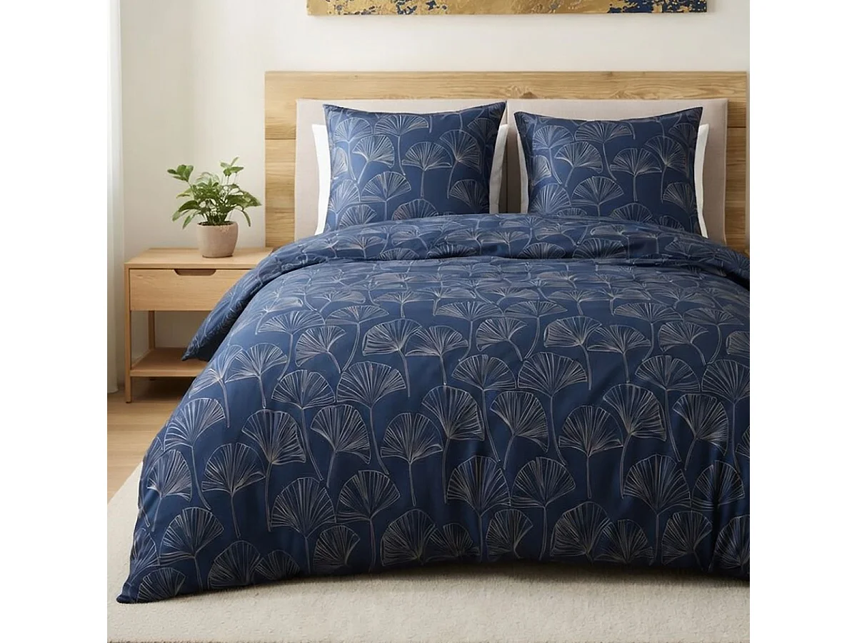 Parure housse de couette 240x220cm + 2 taies motif feuillage ginko bleu et beige 100% microfibre - VALFOR
