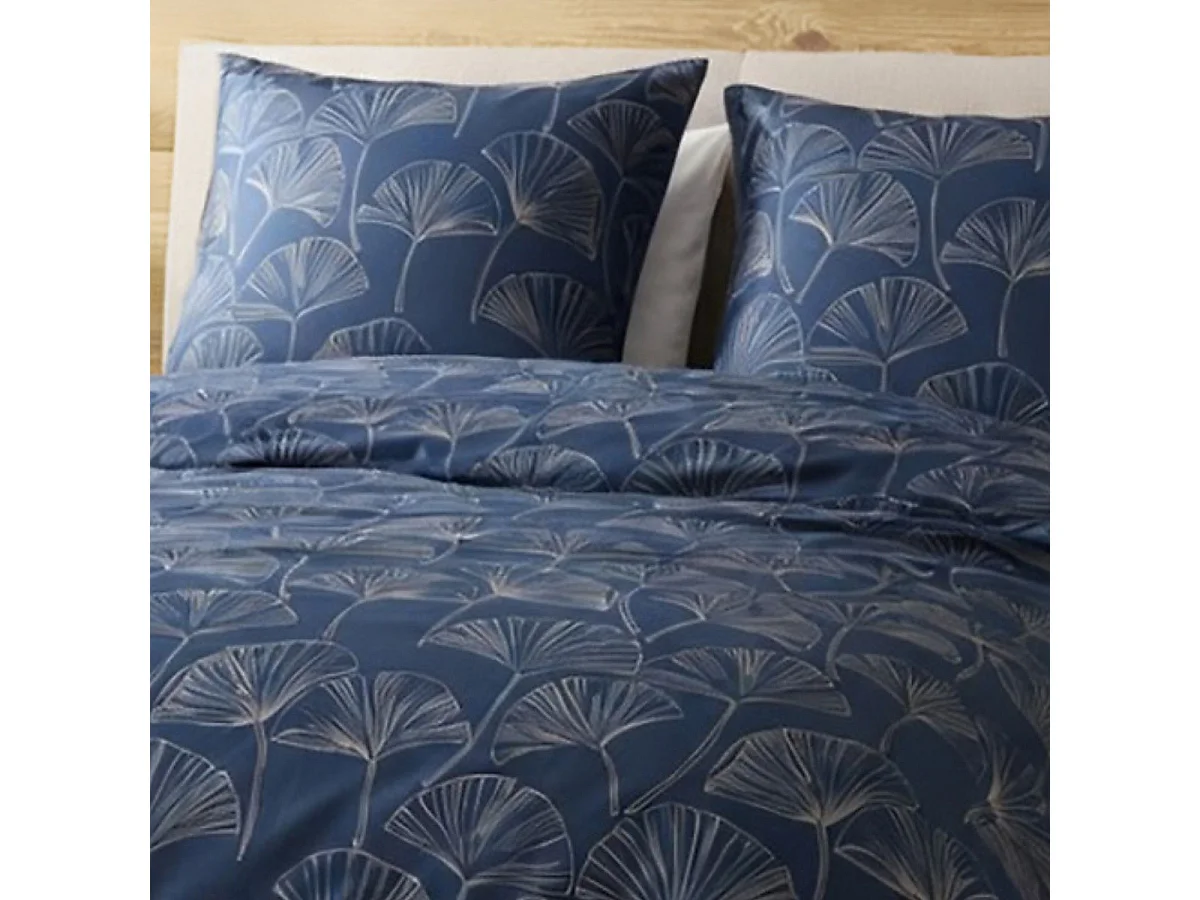 Parure housse de couette 240x220cm + 2 taies motif feuillage ginko bleu et beige 100% microfibre - VALFOR