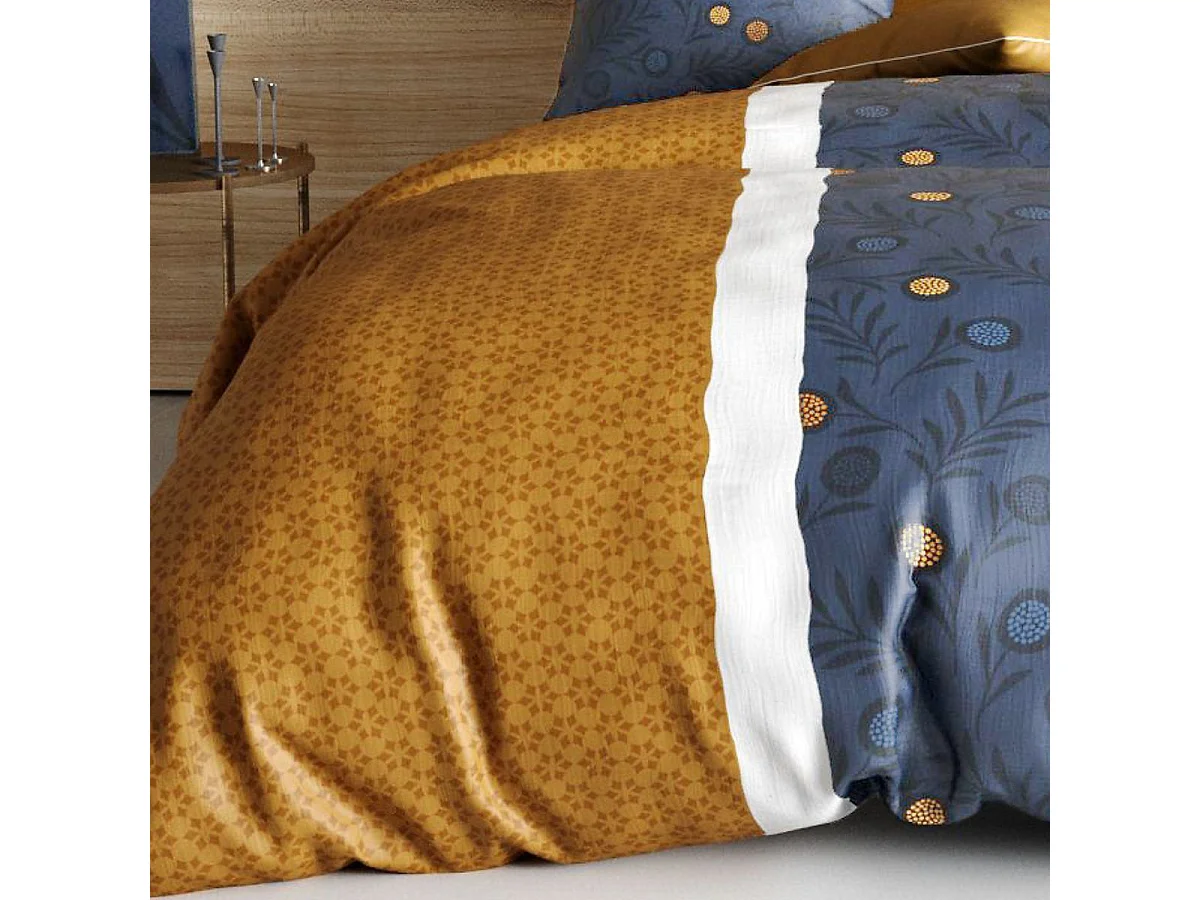 Parure housse de couette 240x220cm + 2 taies motif graphique bleu et jaune 100% coton - ORBAL
