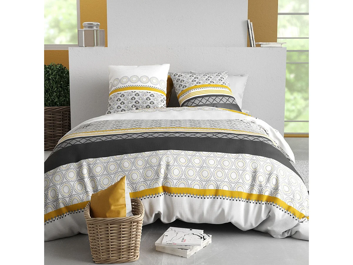 Parure housse de couette 260x240cm + 2 taies motif blanc gris et jaune 100% coton - IPSAR