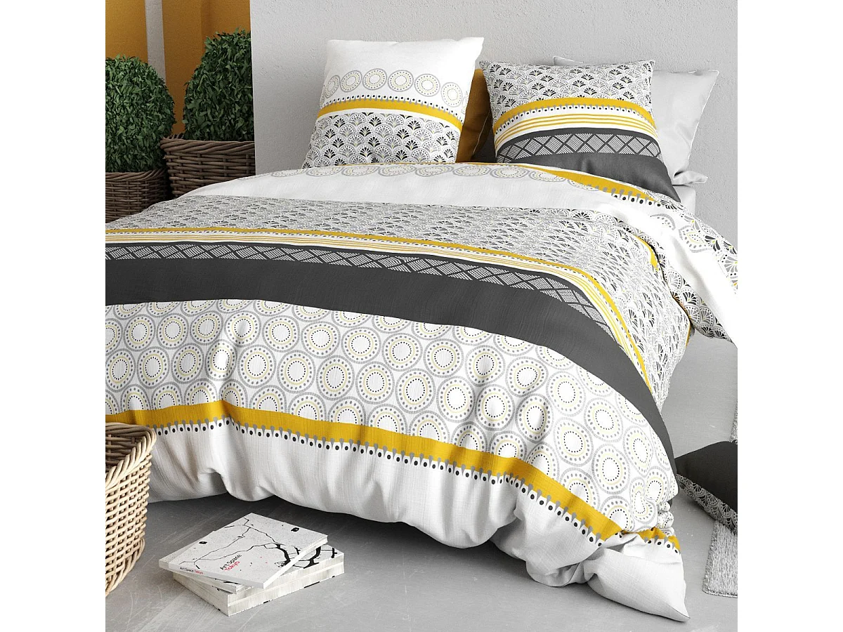 Parure housse de couette 260x240cm + 2 taies motif blanc gris et jaune 100% coton - IPSAR
