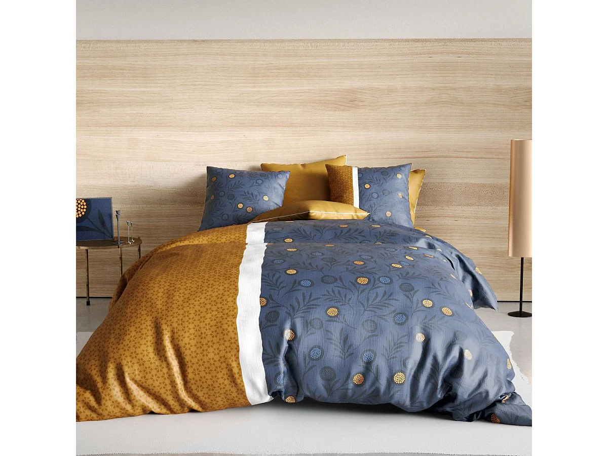 Parure housse de couette 260x240cm + 2 taies motif graphique bleu et jaune 100% coton - ORBAL