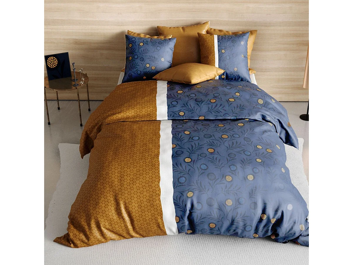 Parure housse de couette 260x240cm + 2 taies motif graphique bleu et jaune 100% coton - ORBAL