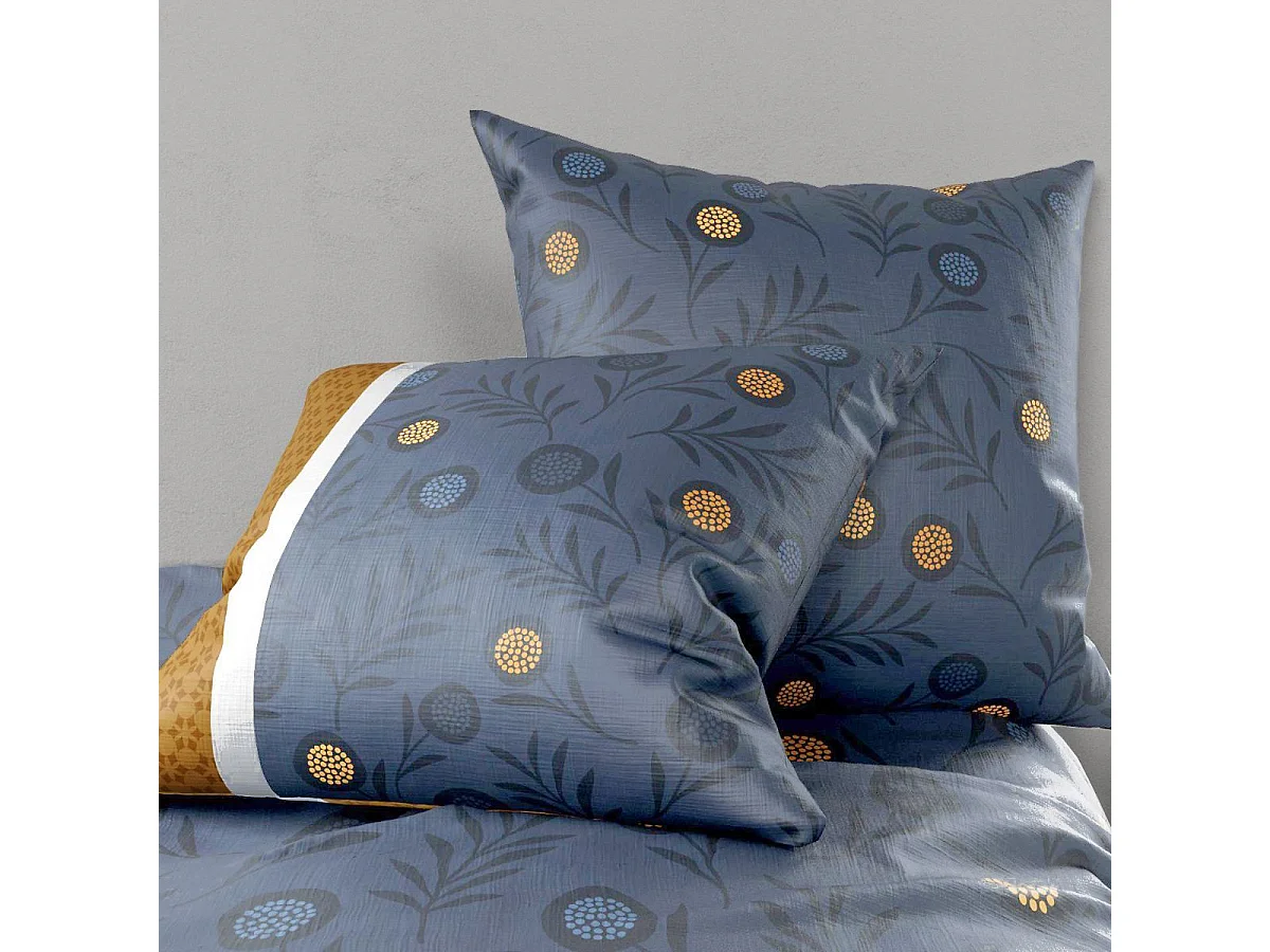 Parure housse de couette 260x240cm + 2 taies motif graphique bleu et jaune 100% coton - ORBAL