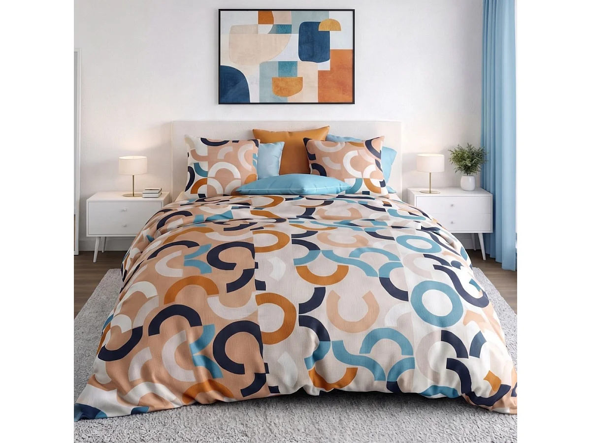 Parure housse de couette 240x220cm + 2 taies motif pop bleu et orange 100% coton - VIRGILE