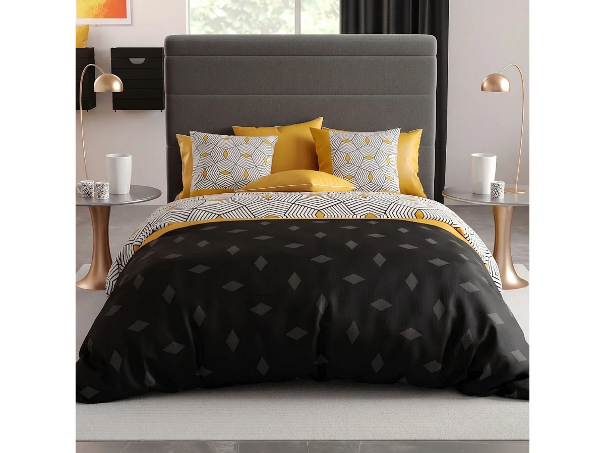 Parure housse de couette 260x240cm + 2 taies motif graphique jaune et noir 100% coton - FARANDOLE
