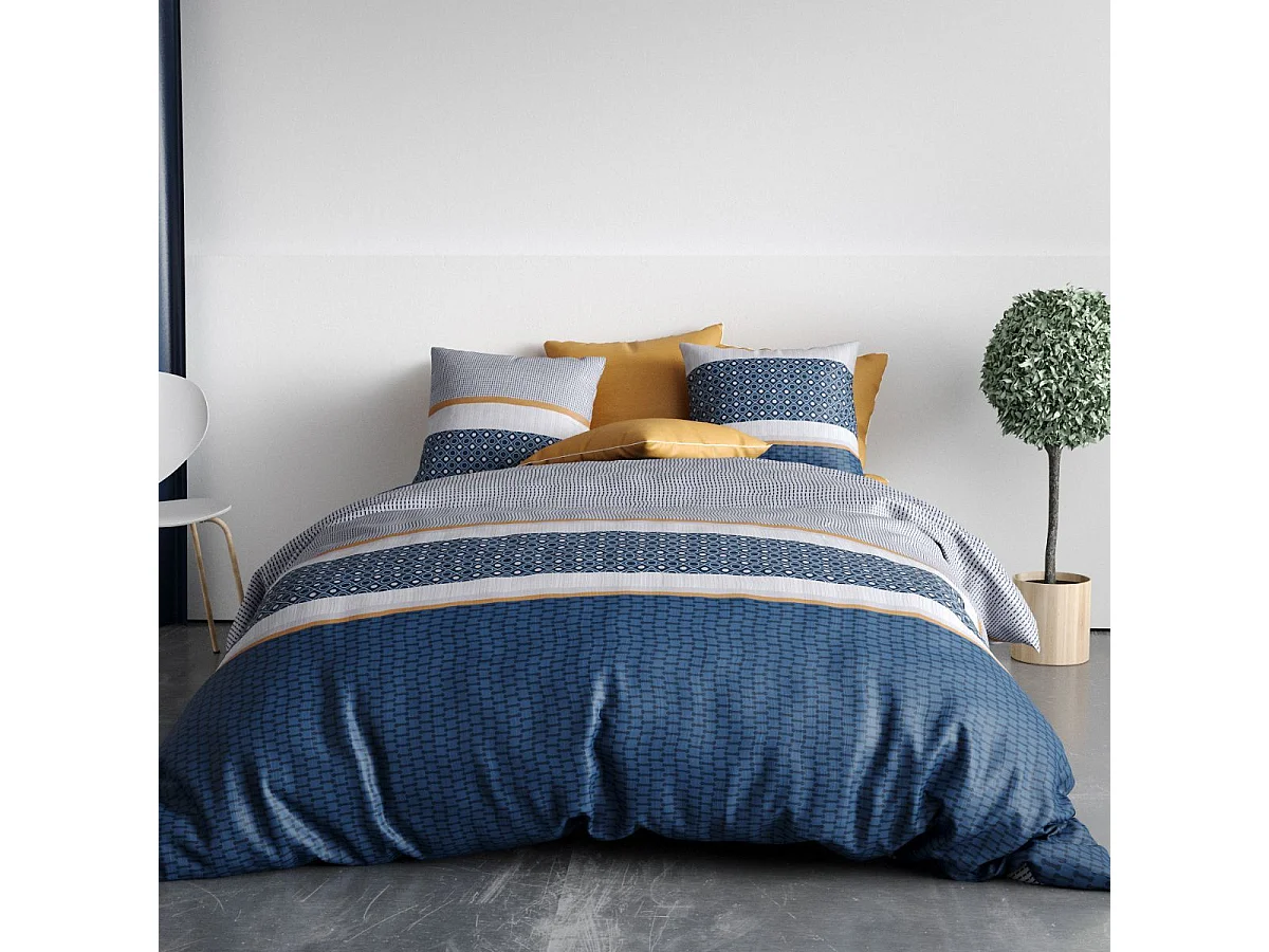 Parure housse de couette 240x220cm + 2 taies motif graphique bleu 100% coton - ZOELIA