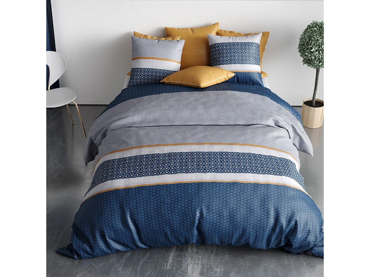 Parure housse de couette 240x220cm + 2 taies motif graphique bleu 100% coton - ZOELIA