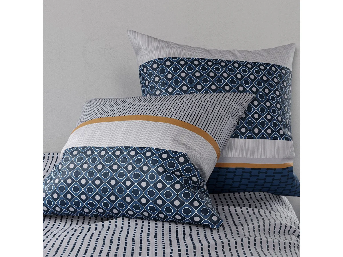 Parure housse de couette 240x220cm + 2 taies motif graphique bleu 100% coton - ZOELIA