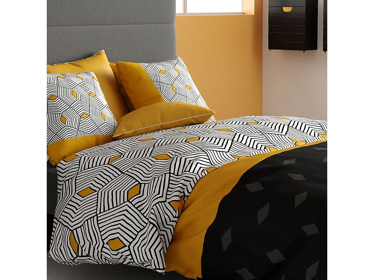 Parure housse de couette 240x220cm + 2 taies motif graphique jaune et noir 100% coton - FARANDOLE