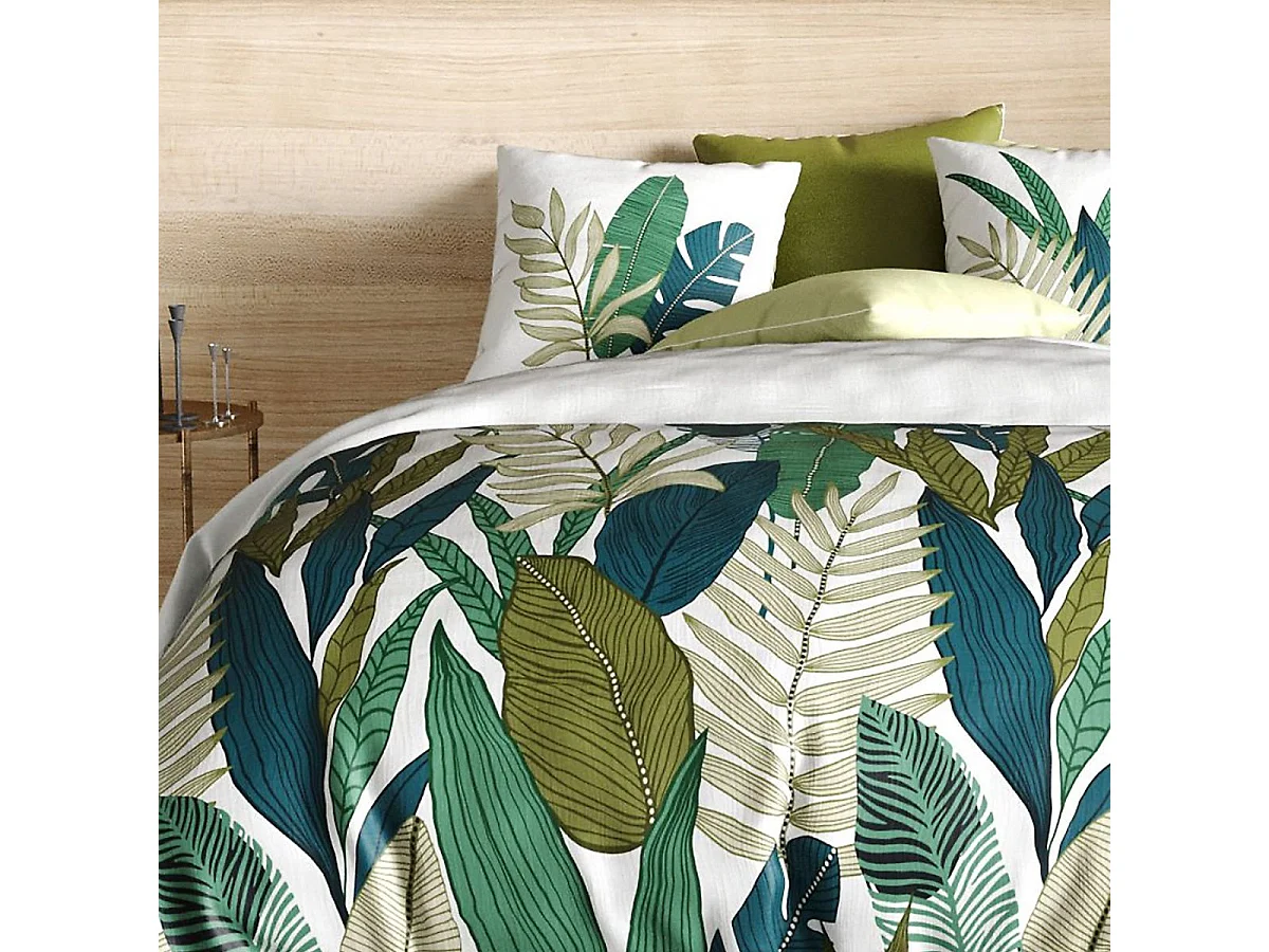 Parure housse de couette 260x240cm + 2 taies motif feuilles palmiers 100% coton - MELCHIOR