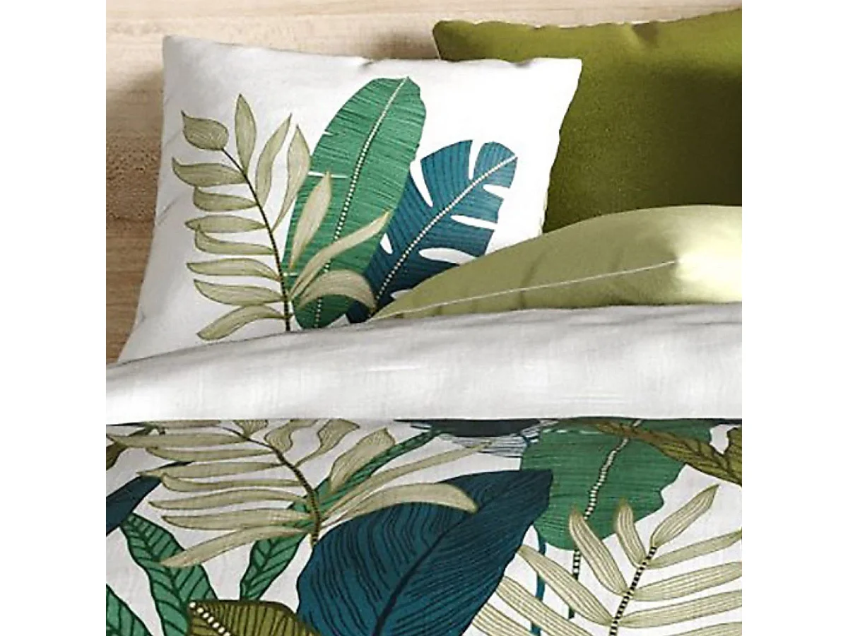 Parure housse de couette 260x240cm + 2 taies motif feuilles palmiers 100% coton - MELCHIOR