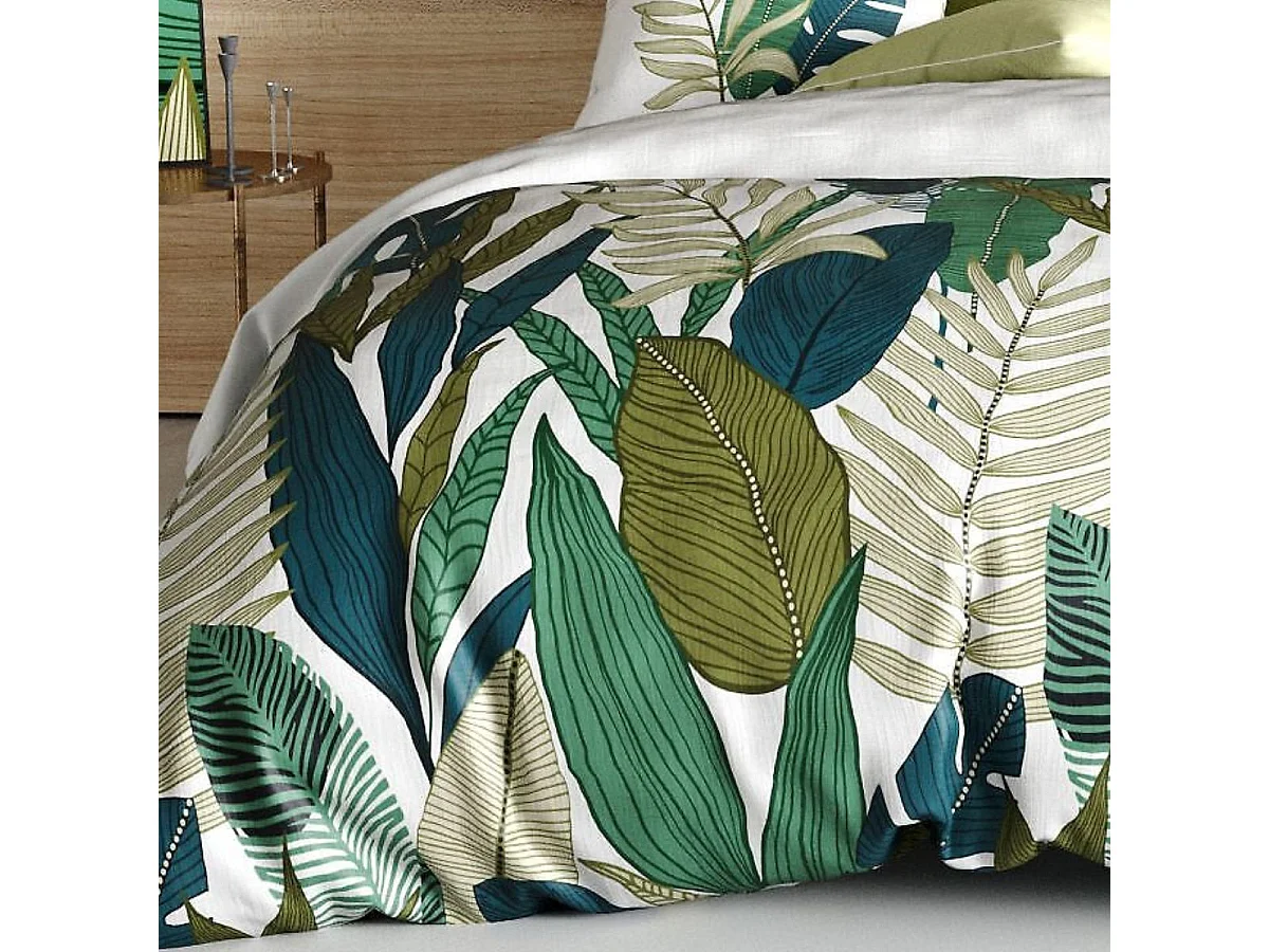 Parure housse de couette 260x240cm + 2 taies motif feuilles palmiers 100% coton - MELCHIOR