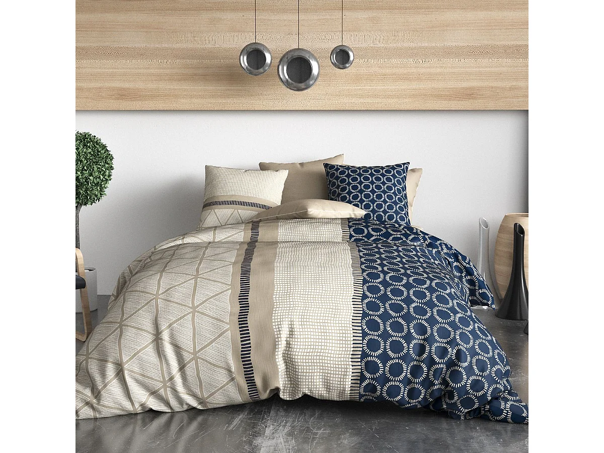 Parure housse de couette 260x240cm + 2 taies motif graphique bleu et beige 100% coton - MALVINA