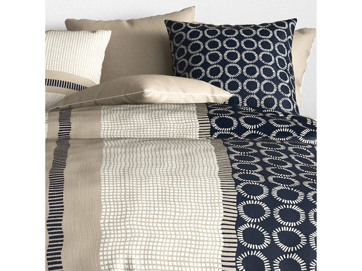 Parure housse de couette 260x240cm + 2 taies motif graphique bleu et beige 100% coton - MALVINA