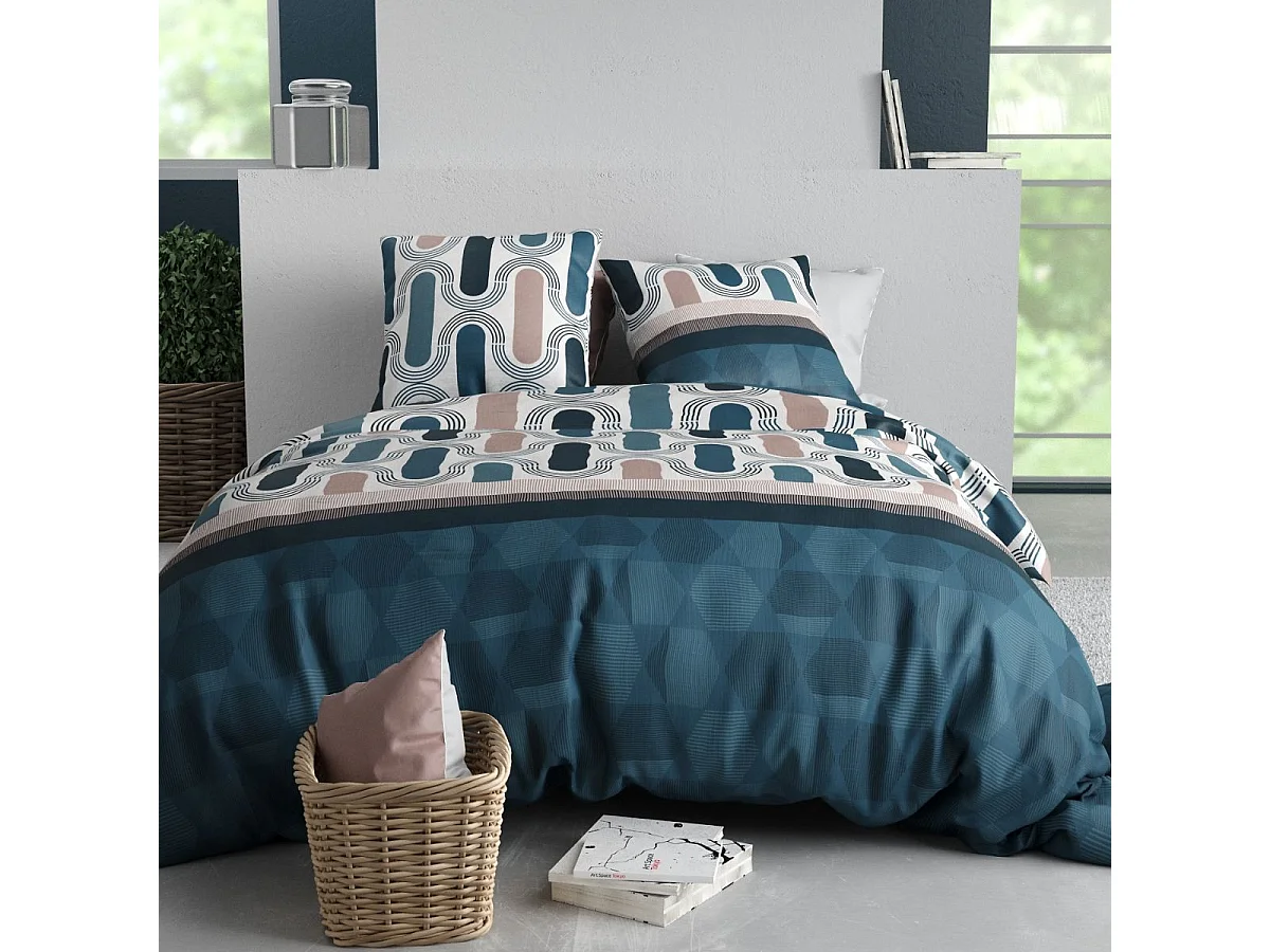 Parure housse de couette 260x240cm + 2 taies motif pop rétro bleu et rose 100% coton - LEANA