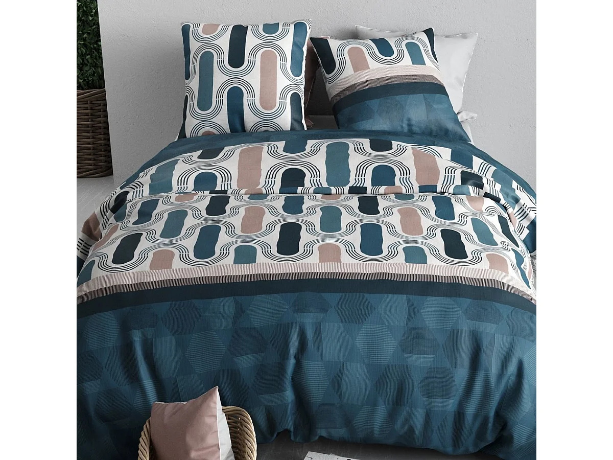 Parure housse de couette 260x240cm + 2 taies motif pop rétro bleu et rose 100% coton - LEANA