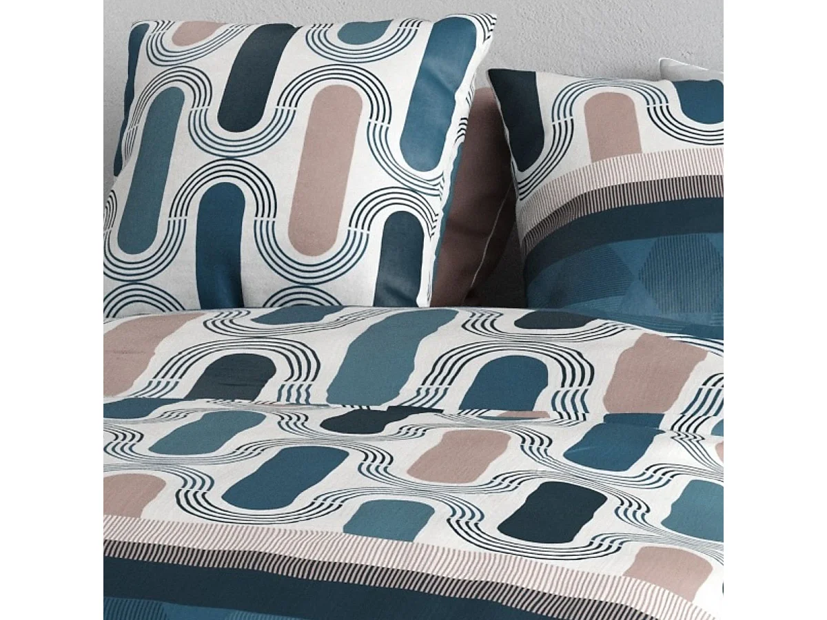 Parure housse de couette 260x240cm + 2 taies motif pop rétro bleu et rose 100% coton - LEANA