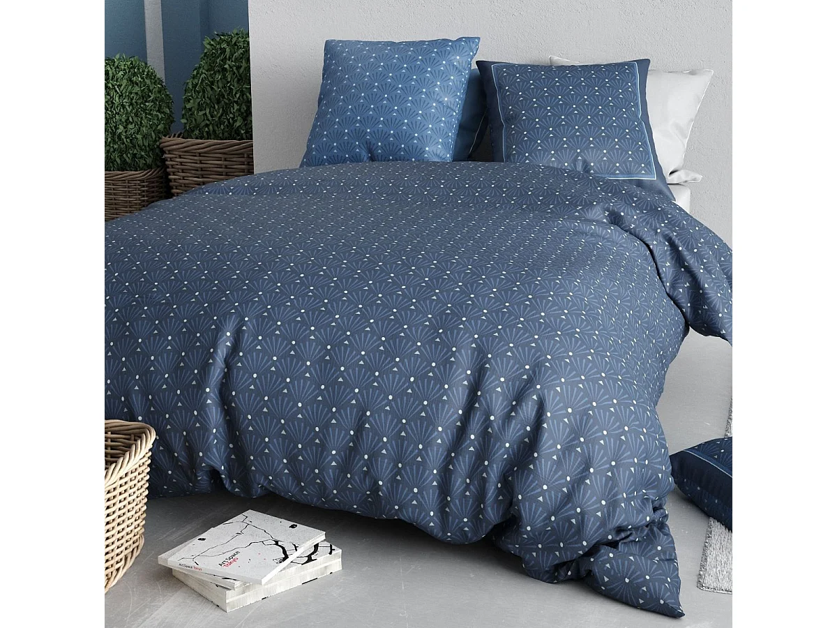Parure housse de couette 260x240cm + 2 taies motif graphique bleu 100% coton - ZUMAIA