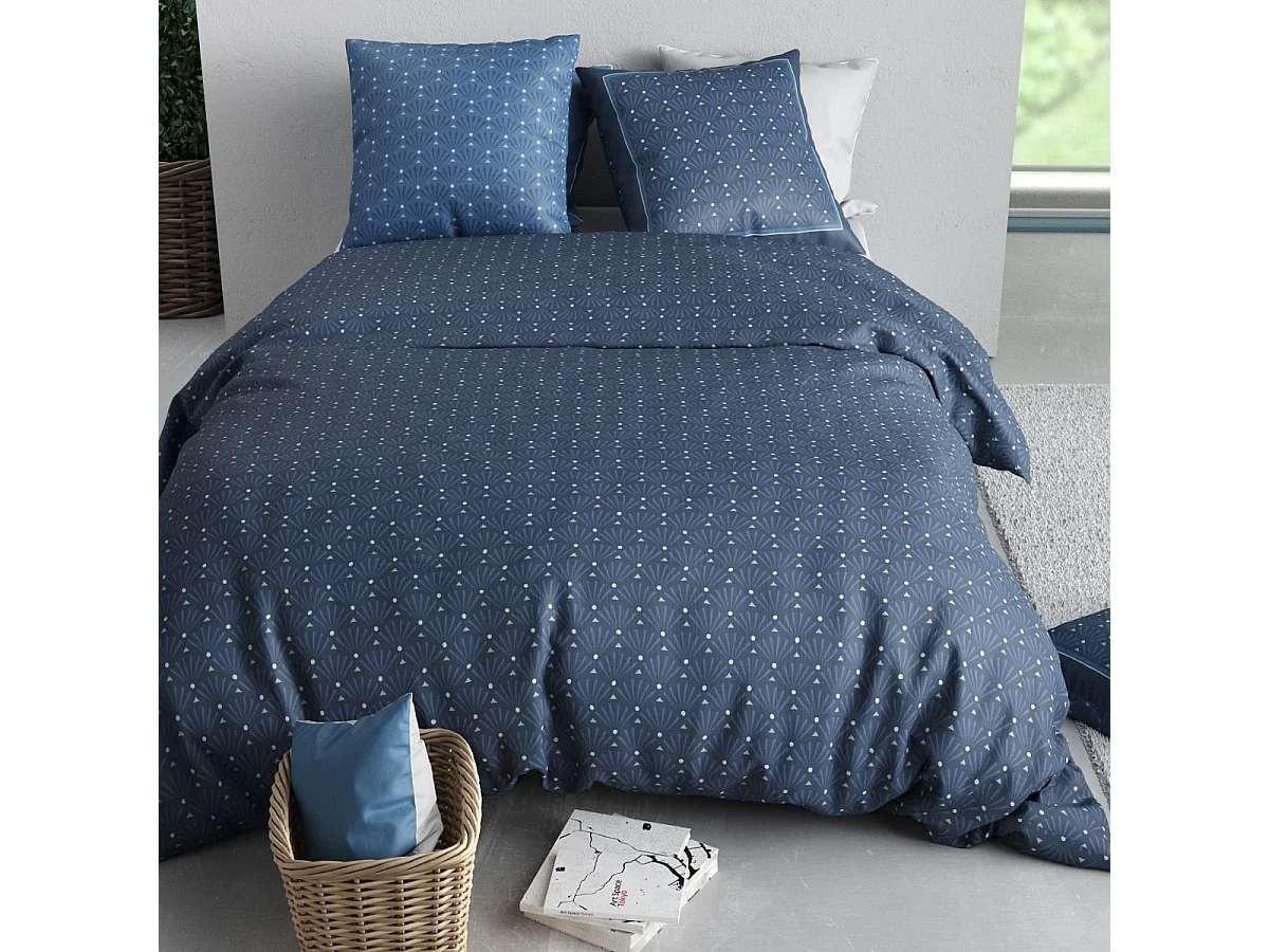 Parure housse de couette 260x240cm + 2 taies motif graphique bleu 100% coton - ZUMAIA